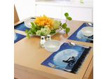 Tovagliette Abakuhaus Luna, Disegno Paesaggistico Con Silhouette Di Una Persona Che Va In Bicicletta Di Notte, Tiscjdeco In Tessuto Resistente Al Lavaggio Per La Sala Da Pranzo E La Cucina, Bianco, Nero, Blu