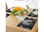 Tovagliette Abakuhaus Luna, Silhouette Di Un Gatto Che Guarda La Luna Piena Seduto Sulla Recinzione, Tiscjdeco In Tessuto Resistente Al Lavaggio Per La Sala Da Pranzo E La Cucina, Grigio Chiaro, Nero, Blu