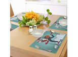 Tovagliette Indie Abakuhaus, Paesaggio Pop Art Con Babbo Natale Hipster Su Scooter Con Sacco Dei Regali A Tema Natalizio, Decorazione Da Tavola In Tessuto Resistente Al Lavaggio Per Sala Da Pranzo E Cucina, Blu Verde Tè Rosso