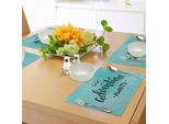 Tovagliette Abakuhaus, L'avventura Ti Aspetta, Su Uno Sfondo Chiaro E Astratto Azzurro, Stampa Digitale Su Tessuto Lavabile, Decorazione Per La Tavola, Cucina, Grigio Antracite, Turchese