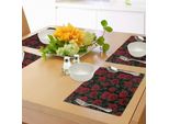 Tovagliette Abakuhaus Rose, San Valentino Stile Retrò Petali Con Foglie Motivo Ornamentale, Tiscjdeco In Tessuto Resistente Al Lavaggio Per Sala Da Pranzo E Cucina, Verde Cacciatore Nero Rubino