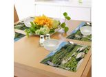 Abakuhaus Tovagliette, Sentiero In Pietra Nel Giardino Giapponese Con Lago E Foglie Di Loto, Paesaggio Naturale Meditativo, Tiscjdeco In Tessuto Resistente Ai Colori Per La Sala Da Pranzo E La Cucina, Verde Lime E Azzurro Cielo.