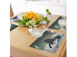 Tovagliette Fantasia Abakuhaus, Unicorno Nero Nell'oceano Con Luna - Creatura Mitica Astratta - Disegno Realizzato A Mano, Tiscjdeco In Tessuto Resistente Al Lavaggio Per Sala Da Pranzo E Cucina, Multicolore