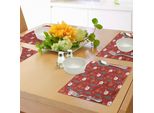 Abakuhaus Tovagliette Rosse, Caricatura Sorridente Di Babbo Natale Con Alce Rudolph, Albero E Fiocchi Di Neve - Buon Natale, Decorazioni Da Tavola In Tessuto Resistente Ai Colori Per La Sala Da Pranzo E La Cucina, Multicolore Rosso