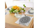 Tovagliette Abakuhaus All'henné, Motivi Floreali Etnici Simmetrici Ispirati Alla Cultura Orientale, Design Mandala Monocromatico, Tiscjdeco In Tessuto Resistente Al Lavaggio Per La Sala Da Pranzo E La Cucina, Bianco E Nero