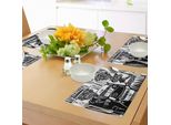 Abakuhaus Giorno Dei Morti Tovagliette, Intaglio Su Legno - Coppia Di Scheletri - Matrimonio Nel Cimitero - Immagine Con Sposi, Tiscjdeco In Tessuto Resistente Ai Colori Per La Sala Da Pranzo E La Cucina, Bianco E Nero