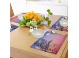 Tovagliette Abakuhaus Nacht, Fantastico Cielo Etereo Con Luna, Stelle E Rami Di Alberi In Fiore Primaverili, Tiscjdeco In Tessuto Resistente Al Lavaggio Per La Sala Da Pranzo E La Cucina, Rosa Chiaro, Nero, Blu