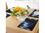 Tovagliette Abakuhaus Nacht, Notte Tranquilla Nella Foresta Alberi Al Chiaro Di Luna E Gufo Su Un Ramo - Scena Tranquilla, Tiscjdeco In Tessuto Resistente Al Lavaggio Per La Sala Da Pranzo E La Cucina, Bianco, Nero, Blu