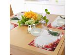 Tovagliette Abakuhaus Babbo Natale, Babbo Natale E Renna Sorridente Dietro Un Pino Festivo In Una Cornice Rossa Con Palline, Decorazione Da Tavola In Tessuto Resistente Al Lavaggio Per La Sala Da Pranzo E La Cucina, Multicolore