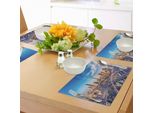 Abakuhaus Tovagliette Urbane, Vista Panoramica Di Dubai Arabian Cityscape - Grattacieli - Strade Trafficate, Tiscjdeco In Tessuto Resistente Ai Colori Per La Sala Da Pranzo E La Cucina, Calendula Avorio Blu
