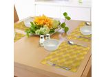 Abakuhaus Tovagliette Gialle E Bianche, Motivo A Fiocchi Di Neve Con Volute E Curve Su Sfondo Giallo, Tiscjdeco In Tessuto Resistente Al Lavaggio Per La Sala Da Pranzo E La Cucina, Calendula Giallo Tan