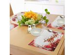 Abakuhaus Tovagliette Di Babbo Natale, Cornice Astratta Con Alberi Di Natale E Fiocchi Di Neve Che Volano Su Un'auto Con Renne, Tovagliette In Tessuto Resistente Per La Sala Da Pranzo E La Cucina, Marrone Chiaro Bianco Rosso
