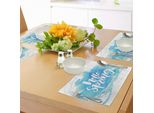 Abakuhaus Tovagliette "Ciao Primavera"", Con Scritta Stampata A Mano In Bianco Su Sfondo Acquerellato Blu Pastello, Tiscjdeco In Tessuto Resistente Al Lavaggio, Per Sala Da Pranzo E Cucina, Azzurro E Bianco."