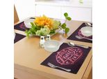 Abakuhaus Tovagliette "Vivi, Ridi, Ama"", Cuori E Sfondo Bokeh Con Una Citazione Motivazionale, Sottobicchieri In Tessuto Lavabile, Decorazione Da Tavola Con Stampa, Viola Scuro E Rosso Salmone."