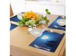 Abakuhaus Tovagliette Romantiche, Silhouette Di Una Coppia Seduta Davanti A Dei Cuori, Forma Di Luna Notturna, Tiscjdeco In Tessuto Resistente Al Lavaggio Per La Sala Da Pranzo E La Cucina, Blu Notte Bianco Nero