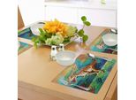 Tovagliette Abakuhaus Con Dinosauri, Illustrazione Colorata Di Velociraptor Nell'ambiente Selvaggio Preistorico, Tiscjdeco In Tessuto Resistente Ai Colori Per La Sala Da Pranzo E La Cucina, Multicolore