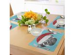 Abakuhaus Tovagliette Mops, Ritratto Di Cane Con Cappello Di Babbo Natale Immagini Natalizie - Divertente Illustrazione Su Sfondo Blu, Tovaglietta Decorativa In Tessuto Resistente Al Lavaggio Per Sala Da Pranzo E Cucina, Grigio Blu Rubino