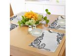Tovagliette Abakuhaus All'henné, Motivi Floreali Angolari Con Volute E Fiori, Ispirazioni Folcloristiche Monocromatiche, Tiscjdeco In Tessuto Resistente Al Lavaggio Per La Sala Da Pranzo E La Cucina, Bianco E Nero