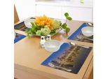 Tovagliette Abakuhaus Chicago Skyline, Sera Nell'affollato Panorama Urbano Americano, Tiscjdeco In Tessuto Resistente Ai Colori Per La Sala Da Pranzo E La Cucina, Giallo Seppia Viola