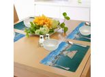 Tovagliette Abakuhaus Chicago Skyline, Panorama Aereo Del Molo Navale, Metropoli Marittima, Grande Città, Silhouette, Tiscjdeco In Tessuto Resistente Ai Colori Per La Sala Da Pranzo E La Cucina, Multicolore