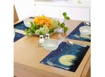 Abakuhaus Tovagliette Notte Stellata, Luna Piena Sopra Il Cielo Della Foresta Con Puntini Stellati E Sfondo Vorticoso, Tiscjdeco In Tessuto Resistente Al Lavaggio Per La Sala Da Pranzo E La Cucina, Blu Scuro Nero Crema