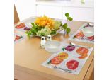 Tovagliette Abakuhaus Con Motivi Fruttati, Sfondo Acquerellato Con Schizzi Di Colore Pesca-Lampone-Prugna E Arancia, Tiscjdeco In Tessuto Resistente Al Lavaggio Per La Sala Da Pranzo E La Cucina, Multicolore
