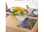 Tovagliette Abakuhaus Chicago Skyline, Panorama Urbano - Scene Cittadine - Zona Costiera Illuminata Al Crepuscolo - Immagine Blu - Tiscjdeco In Tessuto Resistente Al Lavaggio Per La Sala Da Pranzo E La Cucina, Multicolore