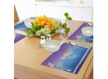 Abakuhaus Tovagliette Berg, Paesaggio Boschivo Caricaturale Con Abeti Al Tramonto Scherza Fiaba, Tiscjdeco In Tessuto Resistente Al Colore Per La Sala Da Pranzo E La Cucina, Viola Giallo E Blu