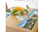 Tovagliette Abakuhaus Berg, Stampa Grafica Acquerello Cime Montuose Ricoperte Di Neve E Nuvole, Tovaglietta Decorativa In Tessuto Resistente Ai Colori Per La Sala Da Pranzo E La Cucina, Multicolore