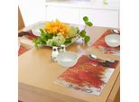 Abakuhaus Tovagliette, Donna In Abito Bianco Che Fa Volare Dei Piccioni Sotto Un Albero Con Foglie Nei Toni Dell'arancione, Tiscjdeco In Tessuto Resistente Al Lavaggio Per La Sala Da Pranzo E La Cucina, Arancione Bianco Marrone