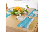 Tovagliette Abakuhaus Tropical, Illustrazione Di Sandy Beach Con Tranquillo Paesaggio Oceanico E Cielo, Tiscjdeco In Tessuto Resistente Al Lavaggio Per La Sala Da Pranzo E La Cucina, Marrone Sabbia, Azzurro Cielo, Bianco