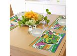 Tovagliette Abakuhaus Bulldog, Testa Di Bulldog Francese Verde Con Corona Su Stampa Artistica Colorata Grunge Brushstrokes, Stampa Digitale Su Tessuto Lavabile Decorazione Da Tavola Cucina, Multicolore
