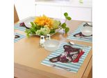 Abakuhaus Tovagliette Tedesche, Disegno Pop Art Di Un Bulldog Su Sfondo A Righe - Simpatico Animale Con Occhiali, Sottobicchieri In Tessuto Lavabile Decorazione Da Tavola Con Stampa, Multicolore