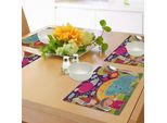 Abakuhaus Tovagliette Elefante, Ragazzo Caricaturale Nella Foresta Con Sole Sorridente E Animali Floreali Con Motivi Etnici, Tiscjdeco In Tessuto Resistente Al Colore Per La Sala Da Pranzo E La Cucina, Multicolore