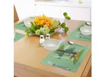 Abakuhaus Tovagliette Per Bambini, Alce E Volpe Nella Foresta In Fiore Nella Stagione Primaverile, Abete, Natura, Tiscjdeco In Tessuto Resistente Al Lavaggio Per La Sala Da Pranzo E La Cucina, Verde, Marrone E Arancione