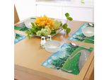 Tovagliette Abakuhaus Primavera, Cielo Azzurro Limpido, Paesaggio Primaverile Con Fiori E Sentiero Sotto I Pini, Tiscjdeco In Tessuto Resistente Al Lavaggio Per La Sala Da Pranzo E La Cucina, Verde Cacciatore E Azzurro.