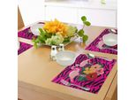 Abakuhaus Tovagliette Rosa Zebrate, Esotici Fenicotteri Rosa Su Un Bouquet Di Fiori Di Ibisco Su Sfondo A Righe Con Grafica Boho, Tiscjdeco In Tessuto Resistente Al Lavaggio Per La Sala Da Pranzo E La Cucina, Multicolore