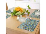 Abakuhaus Tovagliette Gialle E Blu, Motivi Circolari A Griglia Su Sfondo Bianco, Motivi Retrò Rivisitati, Tiscjdeco In Tessuto Resistente Al Lavaggio Per La Sala Da Pranzo E La Cucina, Multicolore
