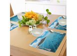 Tovagliette Da Tavola Abakuhaus, Sagome Di Pesci Con Raggi Di Sole Nel Mare Blu E Tra Le Montagne, Tiscjdeco In Tessuto Resistente Al Lavaggio Per La Sala Da Pranzo E La Cucina, Grigio Antracite, Turchese E Blu.