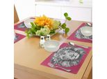 Tovagliette Abakuhaus Con Motivo Leone, Ritratto Di Un Animale Esotico Africano Da Safari Con Una Corona Di Fiori, Tiscjdeco In Tessuto Resistente Al Lavaggio Per La Sala Da Pranzo E La Cucina, Magenta, Bianco E Grigio