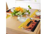 Tovagliette Abakuhaus Con Motivi Animali, Silhouette Grafica Degli Animali Nel Viaggio Estivo Kenya-Africa-Paesaggio-Clima Caldo, Tiscjdeco In Tessuto Resistente Ai Colori Per La Sala Da Pranzo E La Cucina, Multicolore
