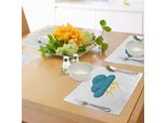 Abakuhaus Tovagliette Blu-Verde E Gialle, Nuvola Con Simbolo Fulmini - Stile Caricaturale - Meteorologia - Tema Climatico, Tiscjdeco In Tessuto Resistente Al Lavaggio Per Sala Da Pranzo E Cucina, Giallo E Verde Acqua