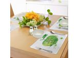 Tovagliette Abakuhaus Con Motivi Di Frutta, Citazione "Non Preoccuparti"" Su Sfondo Acquerellato Verde Con Frutta Disegnata A Mano, Tiscjdeco In Tessuto Resistente Al Lavaggio Per La Sala Da Pranzo E La Cucina, Verde Mela E Bianco."