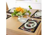 Tovagliette Hippie Abakuhaus, Simbolo Grafico Della Pace Con Fiori Che Forma L'icona O Il Simbolo Del Pacifismo Degli Anni Sessanta E Settanta, Tiscjdeco In Tessuto Resistente Al Lavaggio Per La Sala Da Pranzo E La Cucina, Multicolore