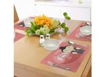 Tovagliette Abakuhaus Samurai, Divertente Composizione In Stile Cartoon Con Edifici Orientali E Sfondo Di Alberi Di Sakura, Tiscjdeco In Tessuto Resistente Al Lavaggio Per La Sala Da Pranzo E La Cucina, Multicolore