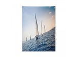 Arazzo Nautico Abakuhaus, Barche A Vela Da Regata In Morbido Tessuto Microfibra, Colori Chiari Che Non Sbiadiscono, Lavabile, 110 X 150 Cm, Bianco E Blu