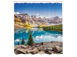 Abakuhaus Tenda Da Doccia Paesaggio, Lago Tranquillo E Paesaggio Montano Con Gonna E Stampa Sky Dream Life, Tessuto Set Decorativo Per Bagno Con Ganci, 175X240 Cm, Verde Blu Grigio