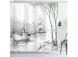 Abakuhaus Tenda Da Doccia Skizzenhaft, Black White Boat Fluss, Acqua Opaca, Incl. 12 Anelli, Resistente A Batteri E Muffe, 175 X 240 Cm, Bianco Nero