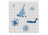 Abakuhaus Tenda Da Doccia Nautica, Motivo A Onde Con Elementi Nautici Icone Polpo Granchio Stella Marina Balena Arte, Tessuto Set Decorativo Per Bagno Con Ganci, 175X200 Cm, Beige Blu Bianco