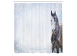 Abakuhaus Tenda Da Doccia Land, Cavallo Grigio Su Paesaggio Invernale Con Nevicate In Natura Con Animali Reali, Set Decorativo Per Bagno In Tessuto Con Ganci, 175X220 Cm, Bianco Marrone